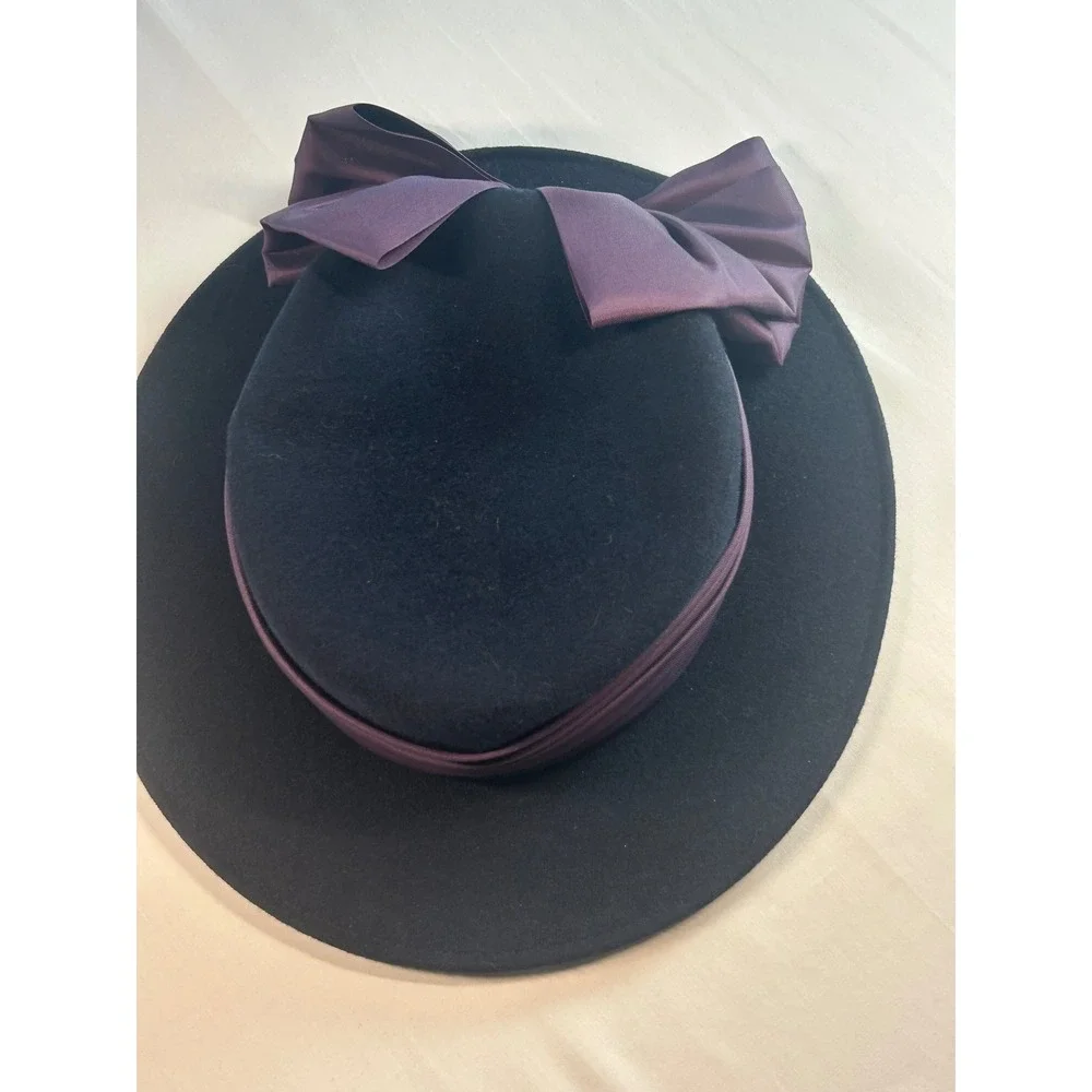 Michael Howard Wool Bow Hat Women OS Black Vintage Wide Brim Satin Trim